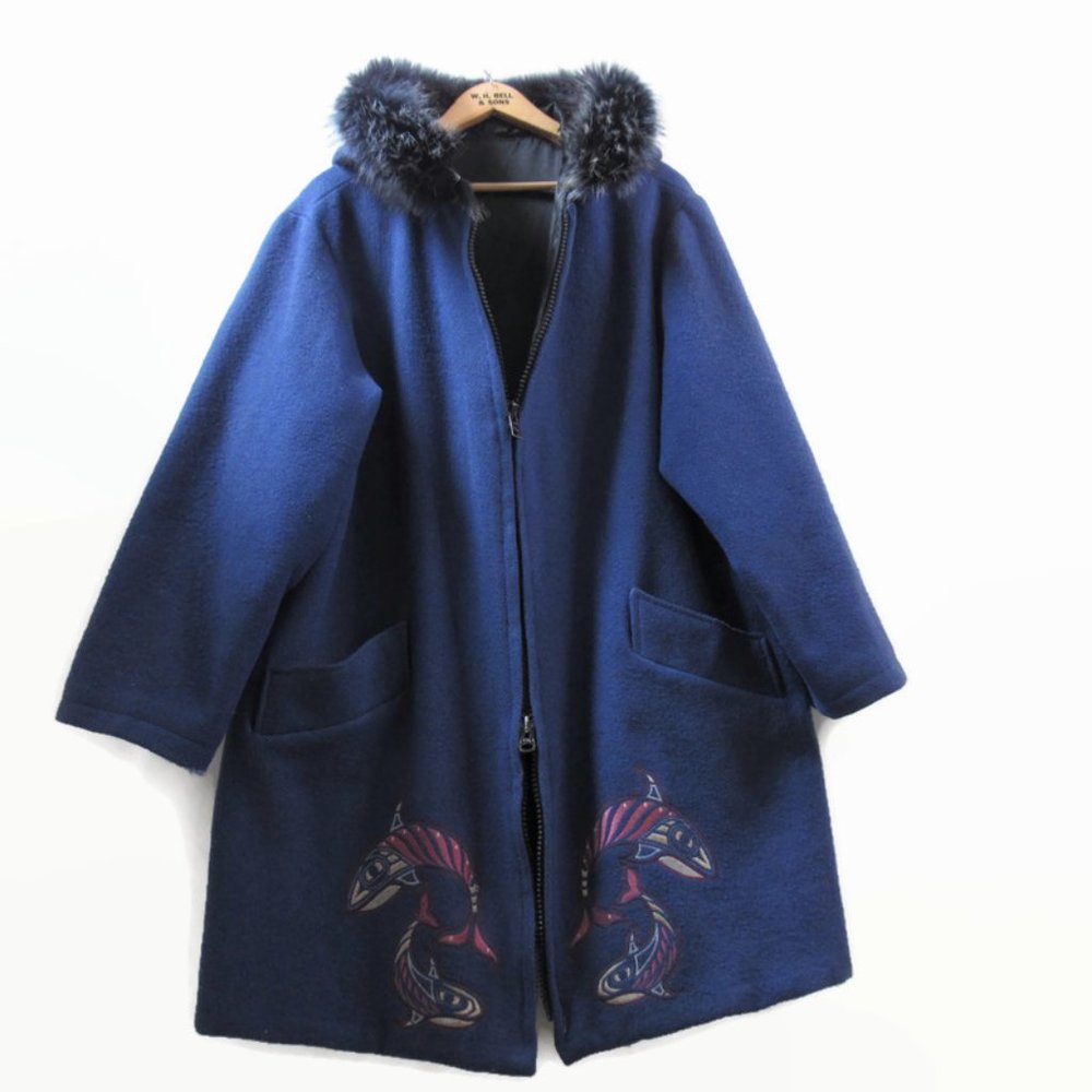 Vintage Canadian Wool Parka Coat with Embroidered Fish